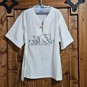 Traditional Thai White Embroidered Elephants Child's Coverup Top Est Size Med